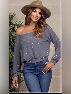 New USA MADE Women's Gray White Splatter Print Off Shoulder Soft Fall Top